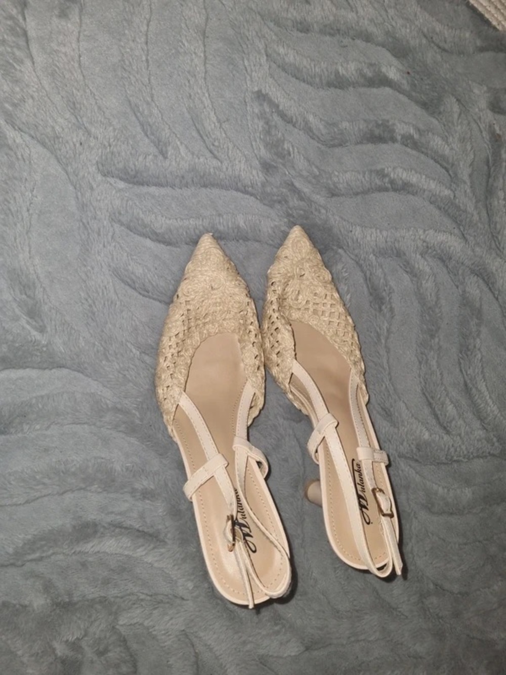 Woven Pointed Slingback Flats in Beige